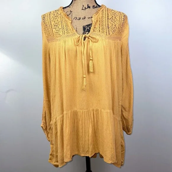 American Eagle Yellow Tunic Top Bohemian Lace Tassels Long Sleeved Womens Medium - Picture 1 of 9